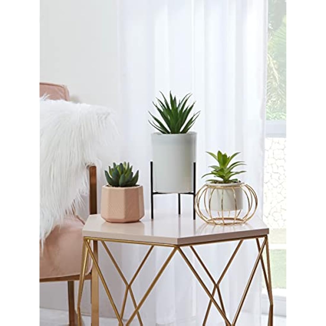 Sleepdown Halo Green Leaf White Pot Stand Artificial Faux Plant for Home Office Bathroom Decor Indoor Decoration Aesthetics