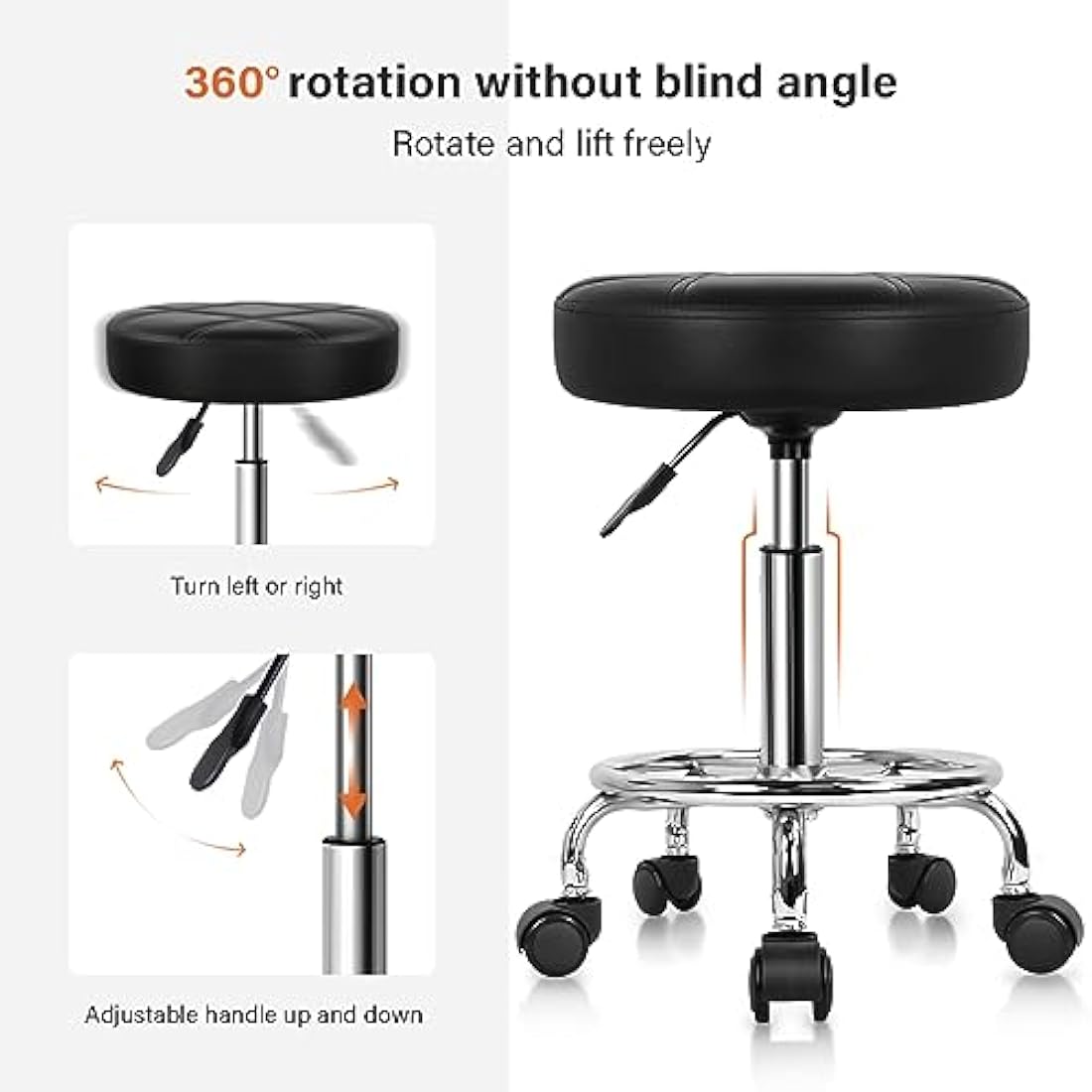 KKTONER Round Rolling Stool Chair PU Leather Height Adjustable Swivel Drafting Work SPA Shop Salon Stools with Wheels Office Chair Small (Black)