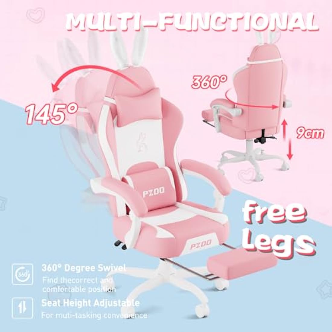 PZDO Pink Gaming Chair,High Back Computer Chair with Footrest, Kawaii Gaming Chairs for Girls Adults Women Kids, Reclining Chairs with Bunny Ear & Lumbar Support, Gift(Pink-White)