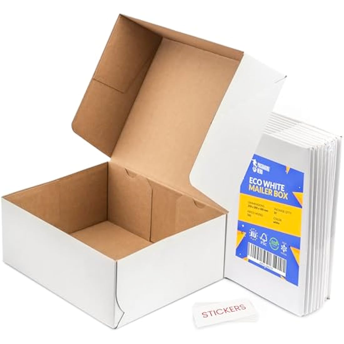 Packaging Hero 25 x 20 X 10 cm (aprox. 10" x 8" x 4") White Corrugated Cardboard Mailing Boxes, gift boxes, e-commerce box with free clear round stickers (10 pack)