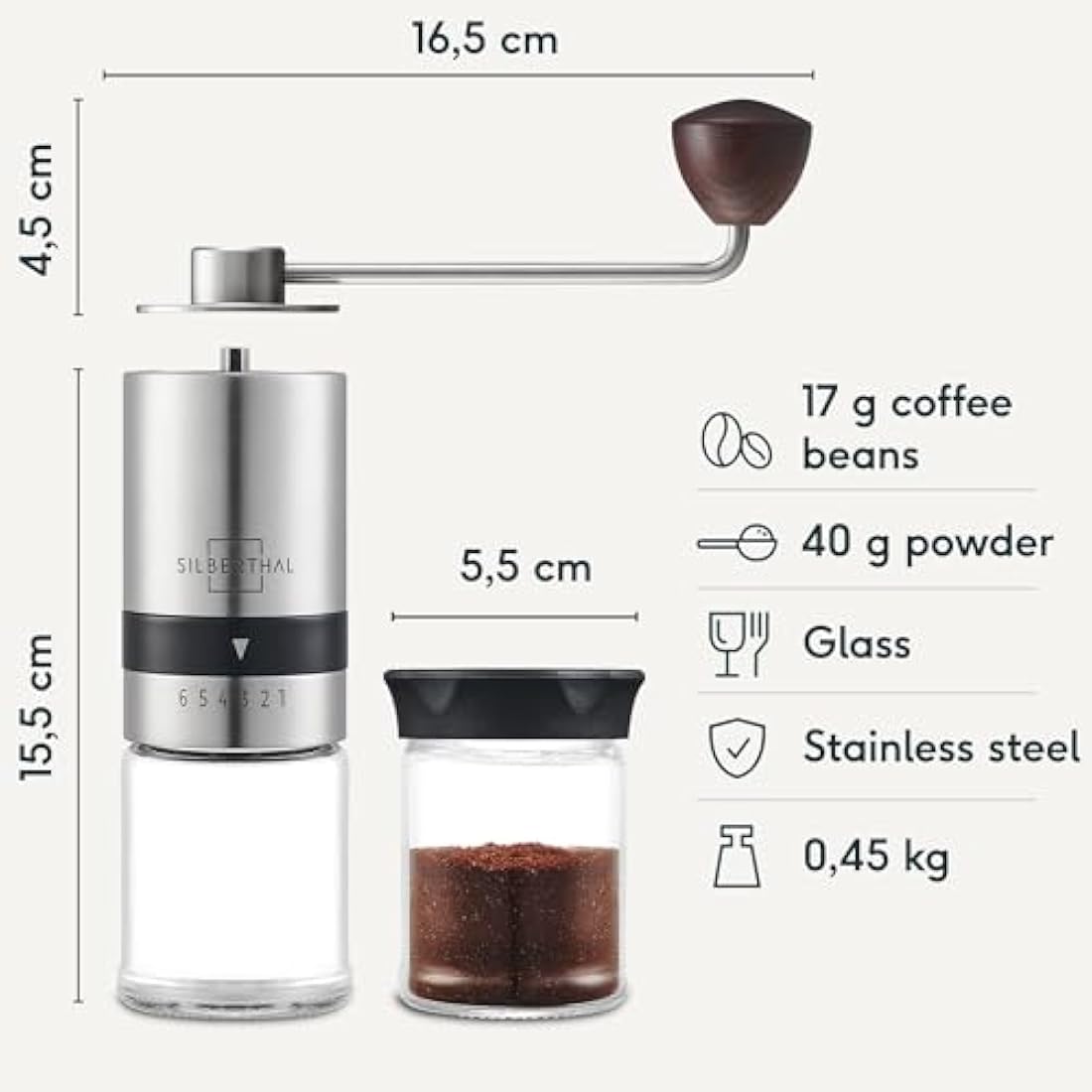 SILBERTHAL Manual Coffee Grinder – Stainless Steel – 6 Adjustable Levels – Portable Coffee Bean Grinder – with Storage Container and Cleaning Brush