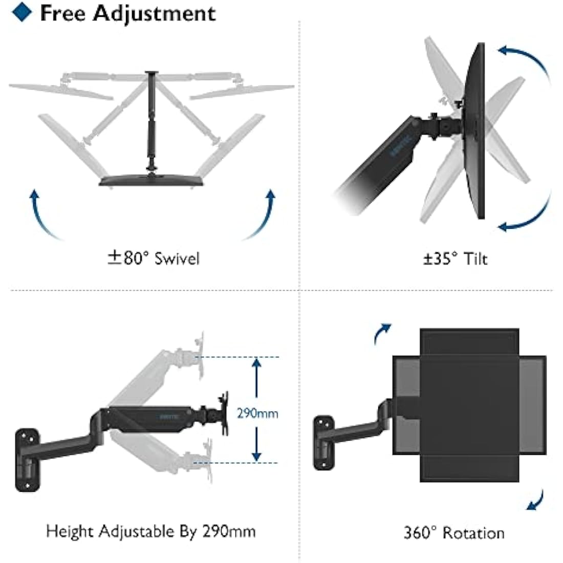 BONTEC Wall Mount for 13-42 Inch Screens, Gas Spring Monitor Arm Holds Up to 8kg, Adjustable Tilt Swivel Mount, Single Arm With VESA Extension Kit Fit VESA 75/100/200