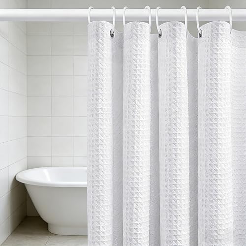 MospdyGear Water and Mould Proof Shower Curtain, White Waffle Weave Machine Washable 180x180cm with Hooks, Easy Clean Bathroom Decor