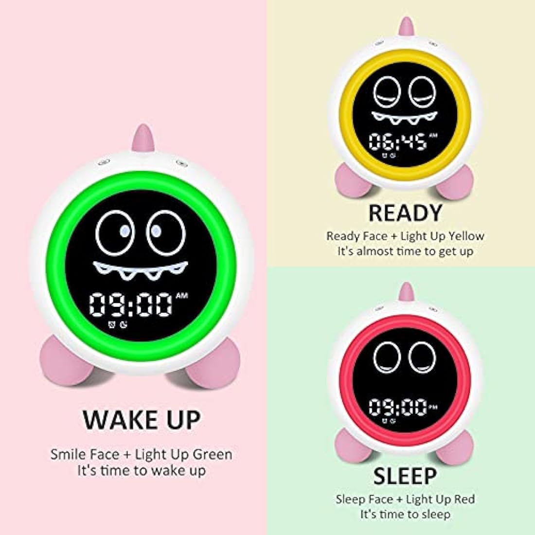 Kids Alarm Clock, Toddler Sleep Training Clock with Night Lights, Sound Machine, Time to Wake Dinosaur Alarm Clock for Children (Pink)