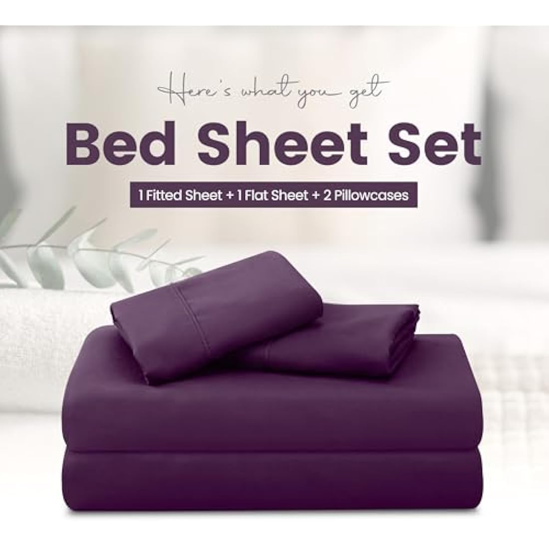 Utopia Bedding Bed Sheet Set Double, Purple, 4 Piece – Fitted Sheet, Flat Sheet with 2 Pillow Cases 50x75 – Wrinkle, Shrinkage and Fade Resistant – Soft Brushed Polyester Microfiber Fabric