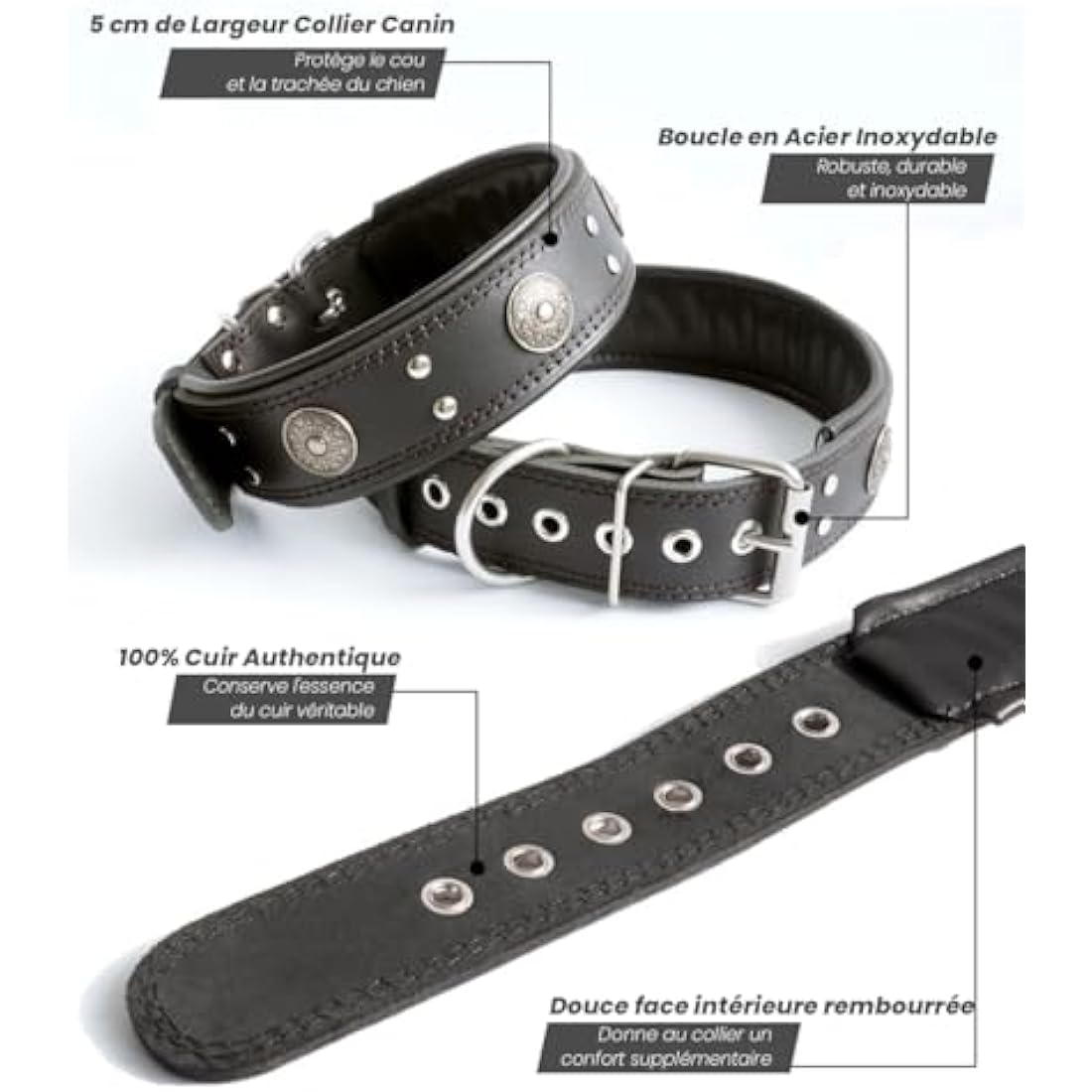 Leather Dog Collar, 5 cm Wide Genuine Leather, Handmade and Soft, Luxurious and Outstanding, Best Choice for Large and Medium Breeds, Black 49.5-60 cm