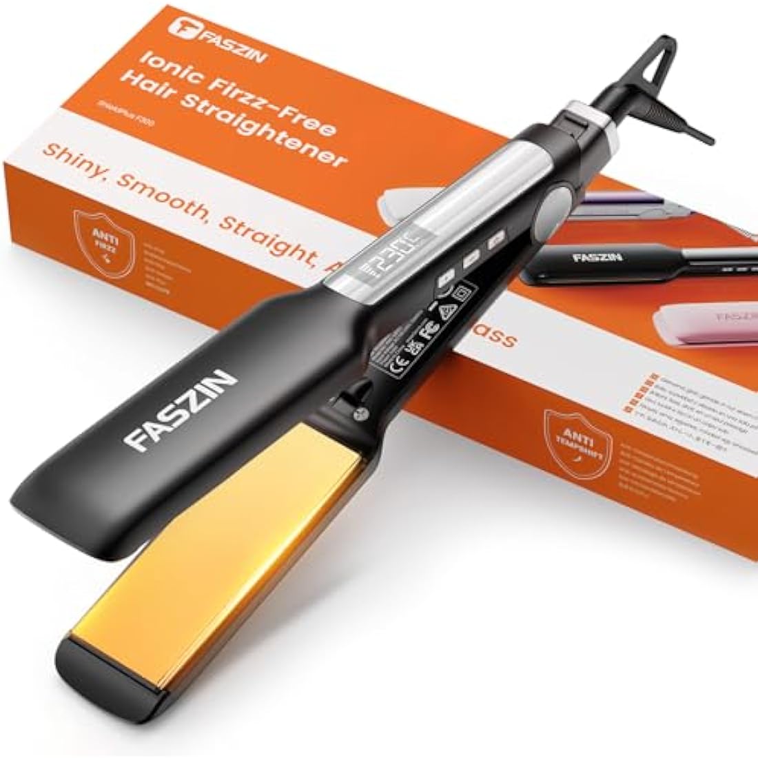 Faszin Professional Hair Straighteners, 42mm Wide-Plate Titanium Negative Ion Flat Iron, 30s Rapid Heating, Real-time Temperature Display, 11 Adjustable Temperature Levels (130-230℃)-Black