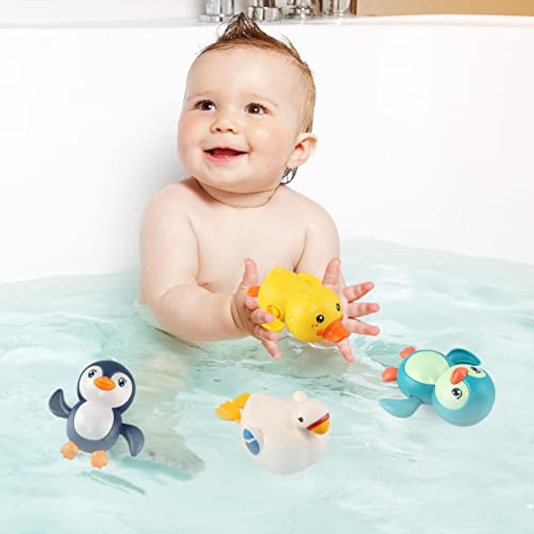 BelleStyle Baby Bath Toys, Wind Up Bathtub Toys Paddling Pool Toys Swimming Floating Duck Penguin Swan Clockwork Water Toys for Kids Toddlers Boys Girls 4 Pieces