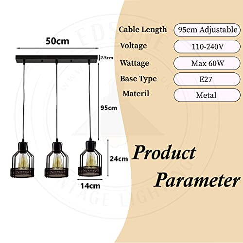LEDSone Industrial 3 Lights Ceiling Lamp Adjustable Hanging Pendant Lights Flush Mount Ceiling Lighting Fixture E27 Base Black Bird Cage Pendant Lamp