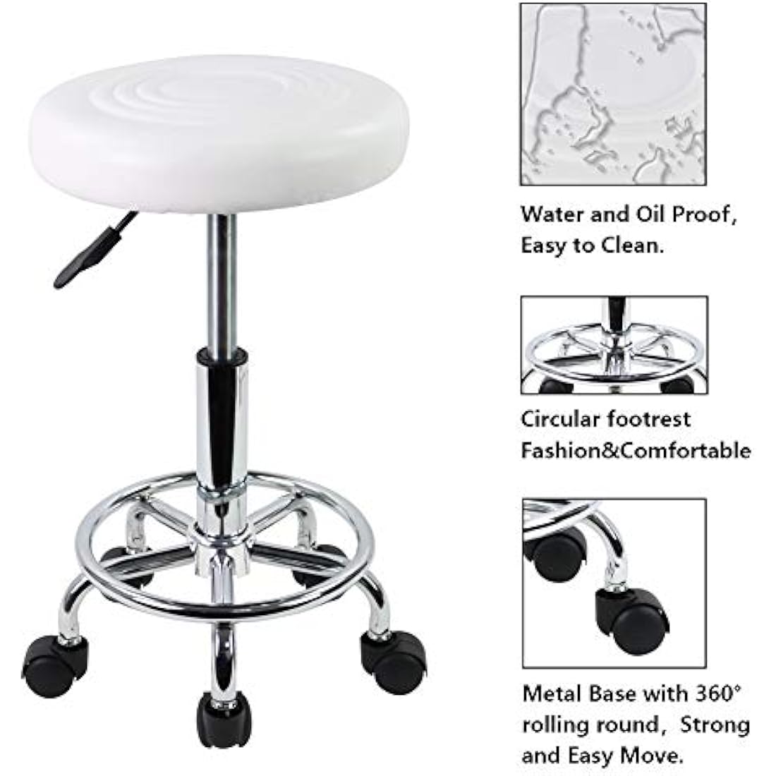 KKTONER PU Leather Round Rolling Stool with Foot Rest Swivel Height Adjustment Medical Spa Drafting Salon Tattoo Work Office Massage Stools Task Chair (White)