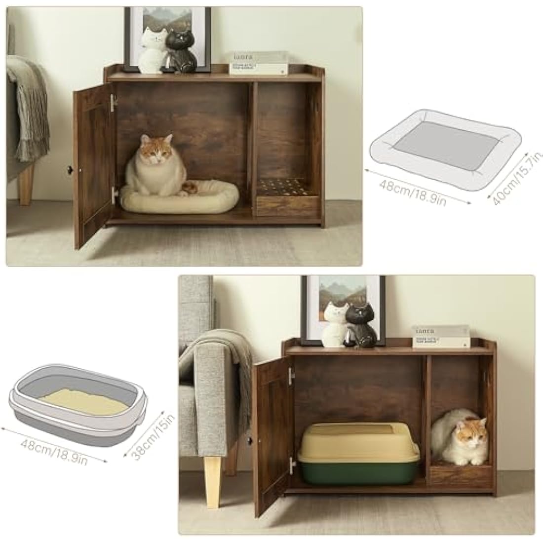 Mondeer Cat Litter Box Enclosure, Wooden Kitty Hidden Washroom Toilet with Door and Holes, Industrial Indoor Cat Houses for Living Room Bedroom Hallway, Rustic Brown