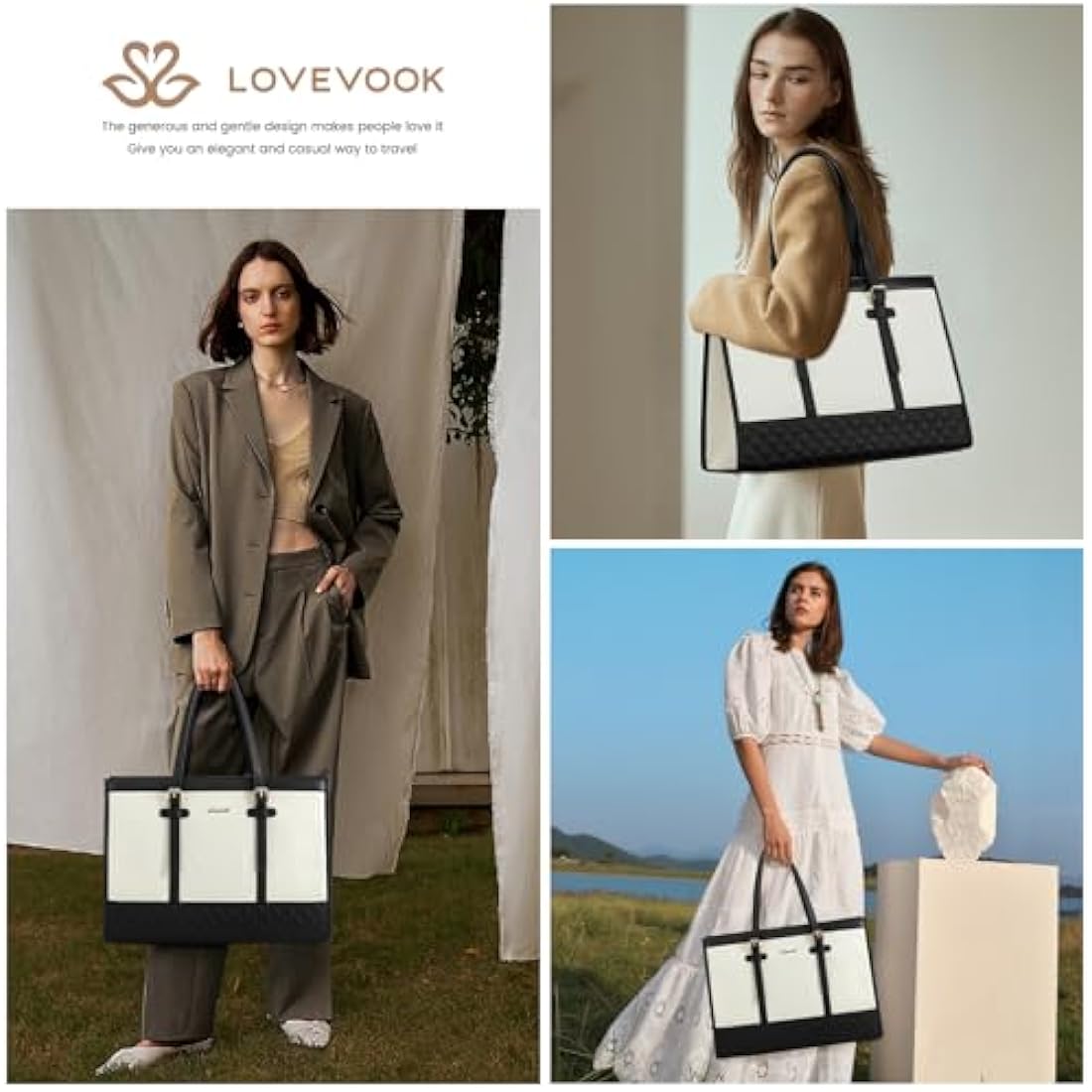LOVEVOOK Laptop Bags for Women 15.6 Inch, Ladies Handbags for Work Business, Womens Large Tote Bag, Shoulder Bag with Clutch Lightweight for Office Business School College Shopping, Black White