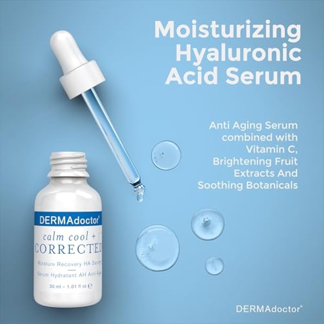 DERMAdoctor Calm Cool + Corrected Dermatologist Formulated Moisture Recovery Hyaluronic Acid Serum with Vitamin C & Niacinamide; Hydrating & Brightening Anti Aging Serum for Sensitive Skin - 30 ml