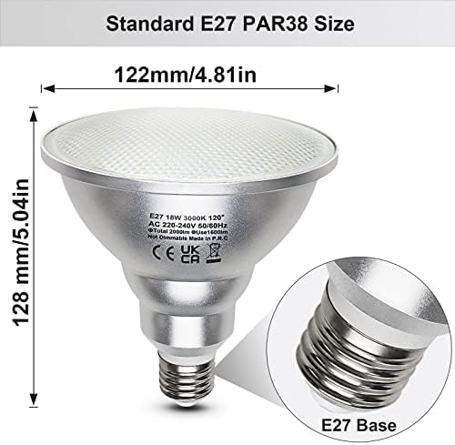 Unikcst 4X 18W PAR38 E27 LED Floodlight Bulbs PAR 38 Reflector Light 2000LM ES Cap 120° Beam Angle Warm White Replace 180W Halogen lamp