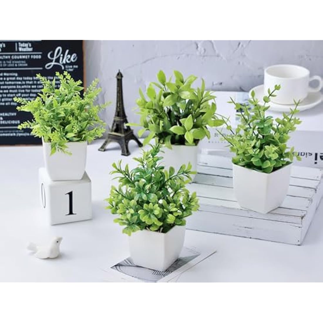 Roqueen 4 Pack Mini Fake Plants Small Potted Artificial Plants Plastic Plants for Home Bathroom Office Table Decoration
