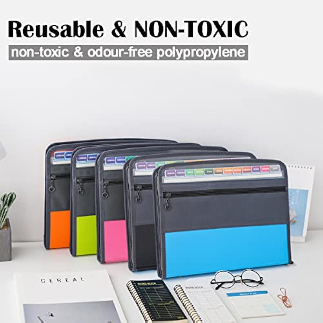 TRANBO 13 Pockets Expanding File Folder with Zipper Closure, A4 Plastic Document Wallet Organizer with Handy Front Pocket for Personal Office Stationary Storage