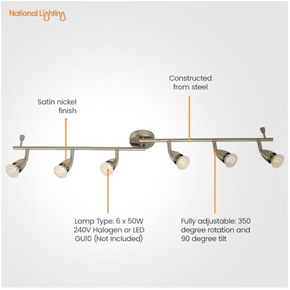 National Lighting Led Celing Lights Rotatable, 6 Way Ceiling Spolights, Satin Silver Finish, for Living Room, Kitchen, Bedroom, GU10 Led Compatible