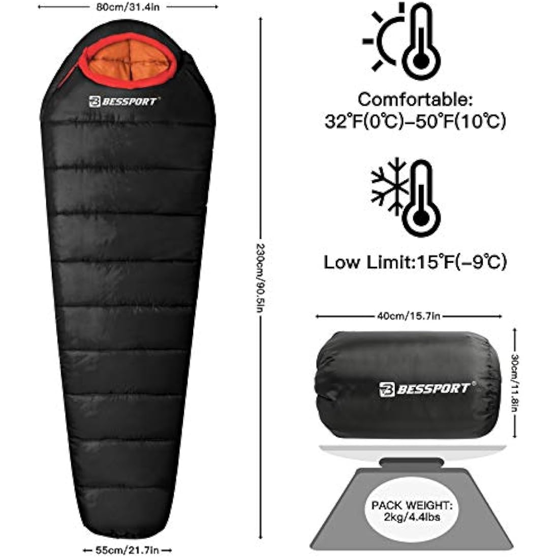 Bessport Sleeping Bag, 4 Seasons 0°C Sleeping Bag, Small Pack Size & Ultralight Outdoor Sleeping Bag, Mummy Sleeping Bag for Camping, Travel, Outdoor and Tent