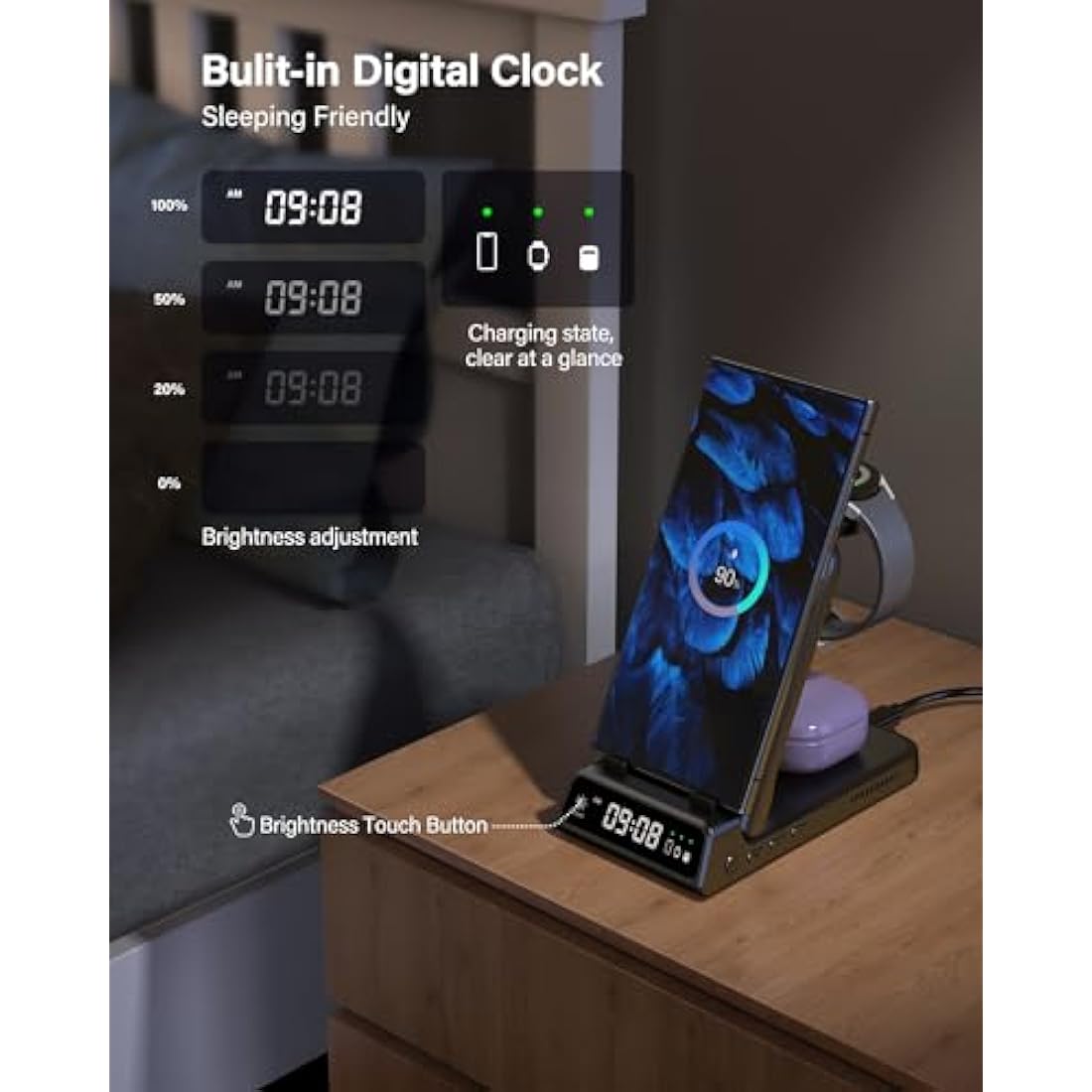 Charging Station for Samsung S25/Watch 8/8 Classic, 3 in 1 Wireless Charger for Samsung S25 Ultra/S25+/S24/S23/Fold 7, Galaxy Watch Ultra 2025/7/6/5/4/3, Galaxy Buds, SwanScout 703S (No Adapter)