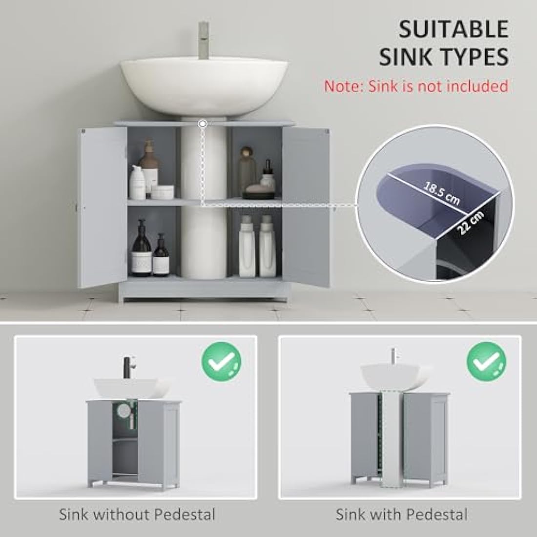 kleankin 60x60cm Under-Sink Storage Cabinet w/Adjustable Shelf Handles Drain Hole Bathroom Cabinet Space Saver Organizer Grey