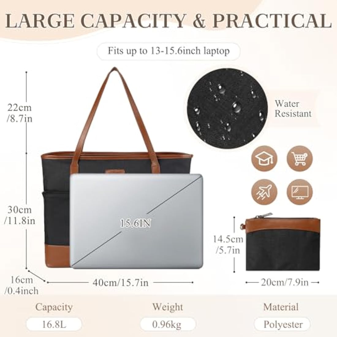 Kasgo Laptop Bag for Women,Water Resistant 15.6 inch Tote Bag Women Shoulder Bag Large Ladies Handbag Purse Teachers Bag Work Bag with Luggage Sleeve for Office Travel School