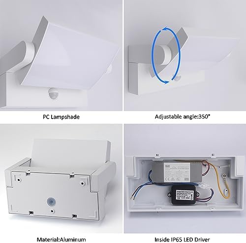 Klighten 24W Wall Light with Motion Sensor Outdoor Indoor IP65 Aluminum Modern Outside Light with Swiveling LED Panel Wall Lamp for Entrance Garden Terrace, Cold White 5700K-6000K, White