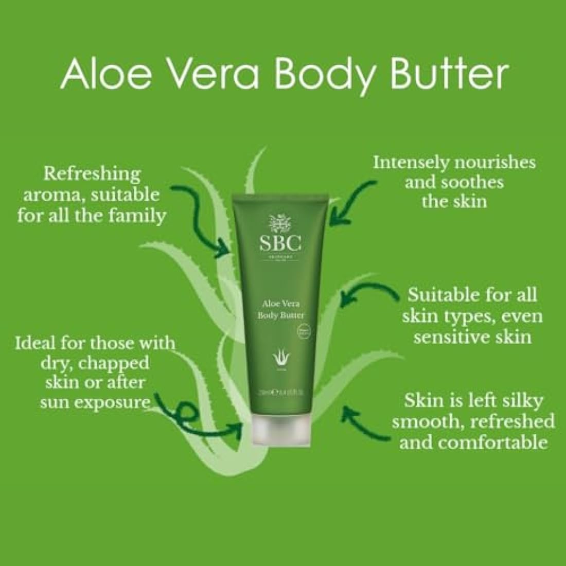 SBC Skincare Aloe Vera Body Butter 250ml, Hydrating & Cooling After-Sun Moisturiser, With Refreshing Aloe Vera, Shea Butter & Vitamin E for Dry or Irritated Skin, Vegan & Fast-Absorbing Lotion