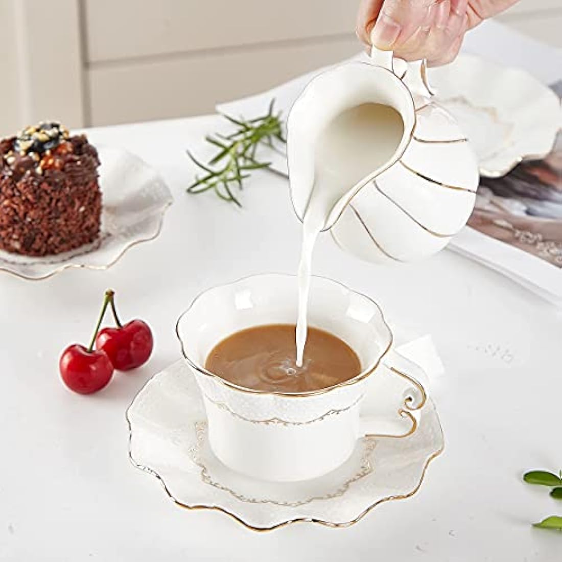 DUJUST Tea Cups and Saucers Set of 6 (200ml /7 OZ), Luxury Tea Cup Set with Golden Trim, Relief Printing Coffee Cups with Metal Stand, British Royal Porcelain Tea Party Set - White