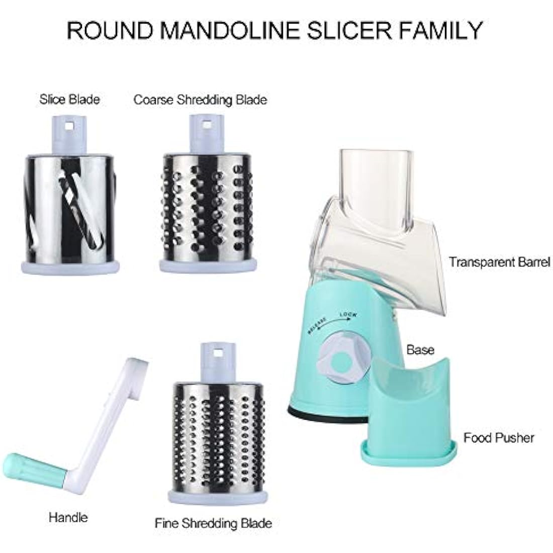 Ourokhome Rotary Cheese Grater Chopper - Vegetable Mandoline Slicer with 3 Interchangeable Ultra Sharp Cylinders Stainless Steel Blades（Blue）