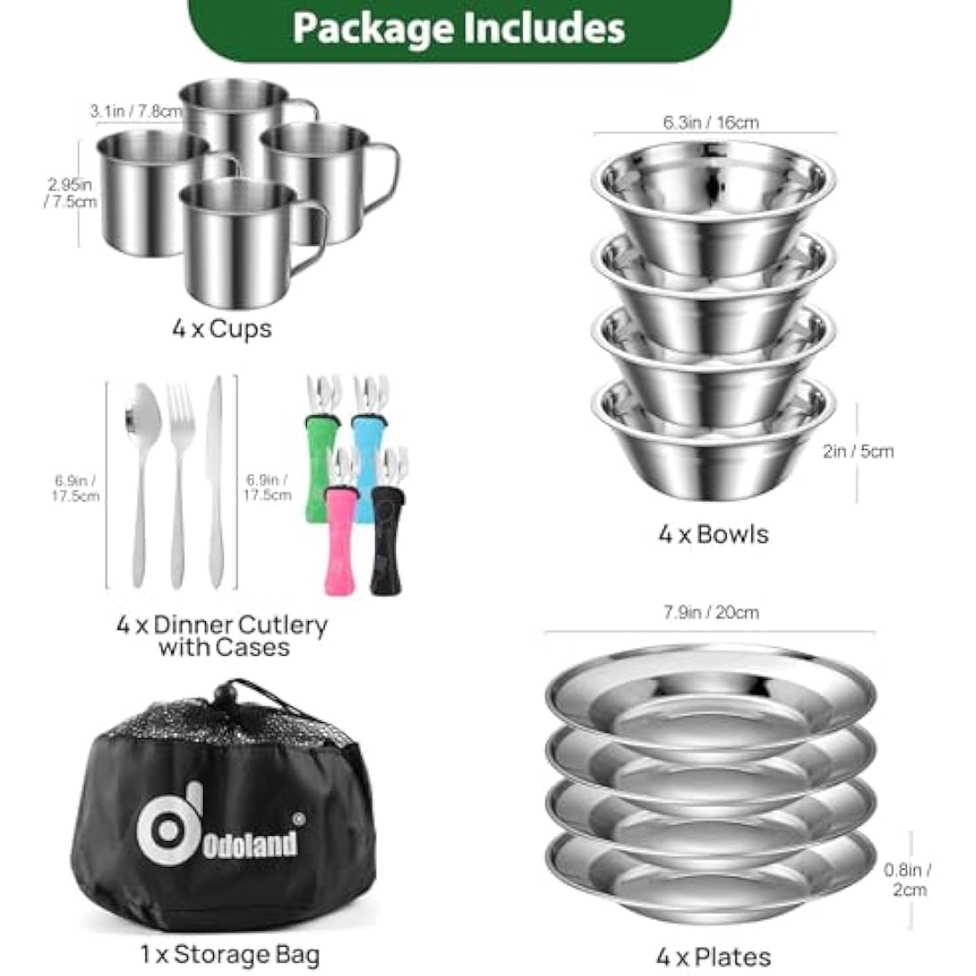 Odoland Camping Cutlery Set - Stainless Steel Tableware Mess Kit Includes Plate Cup Fork Spoon, 8 in 1 Flatware Kit with Mesh Bag - Dinnerware Utensils Set for Outdoor Camping Hiking and Picnic