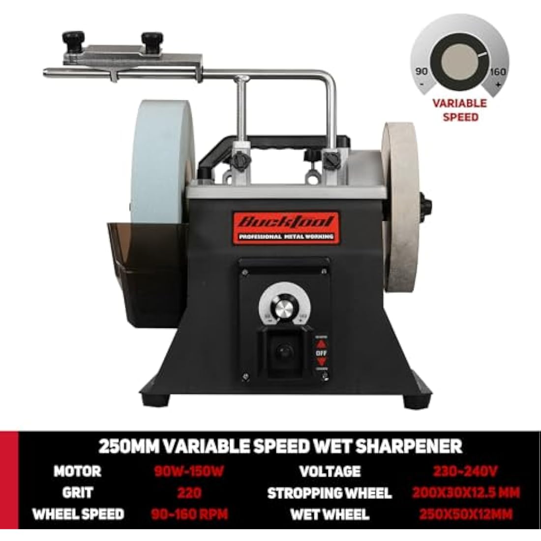 BUCKTOOL 250mm Variable Speed Sharpener 90-160RPM Two-Direction Water Cooled 220 Grit Wet and Dry Sharpening System, SCM8103