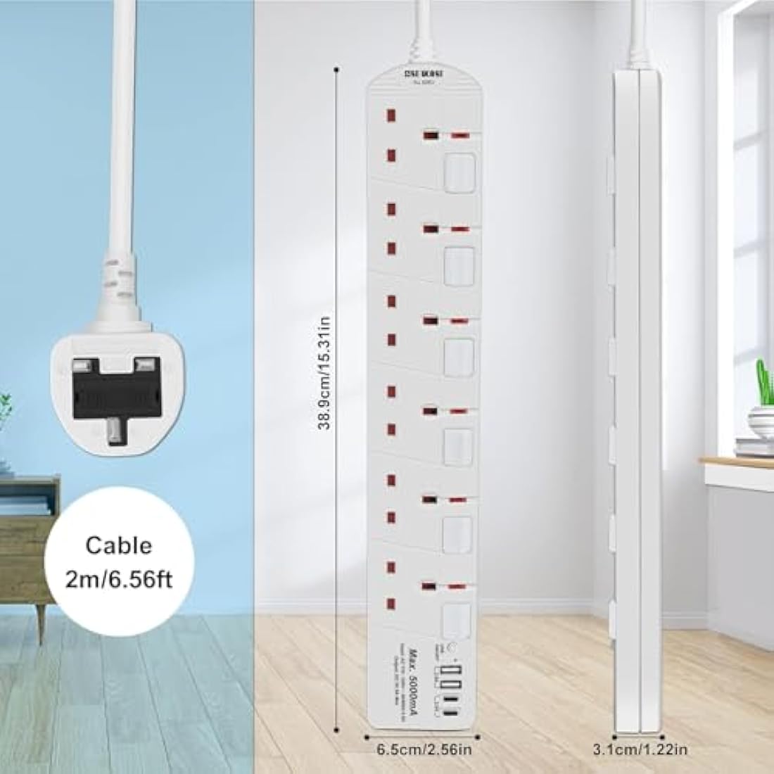 SE UKASE Extension Lead with USB Slots(5V/5A), 6 Way Plug Sockets with Individual Switches USB and Type C, Wall Mount Design with 2M Extension Cable 2990W