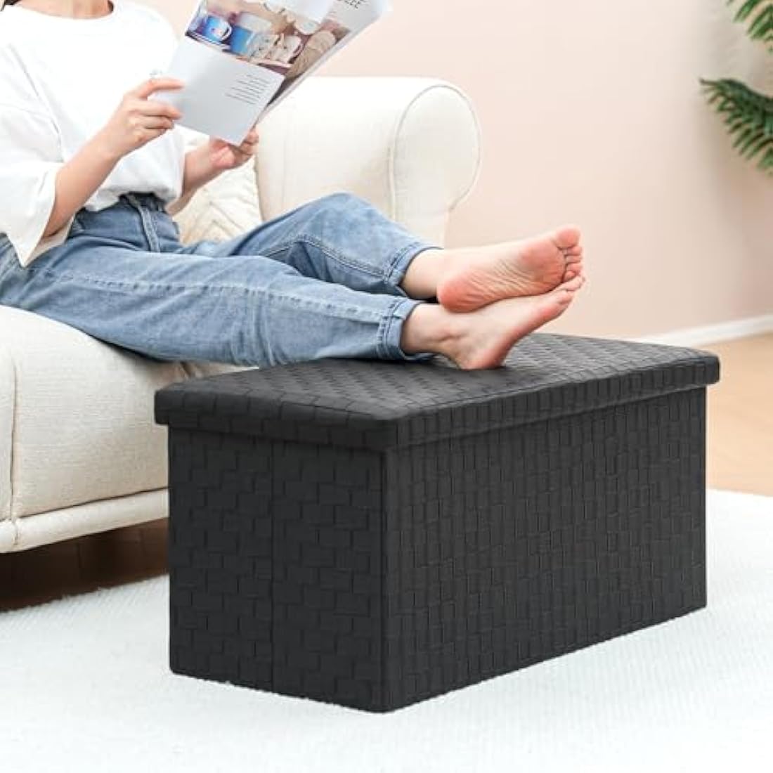 Bonlife Black Ottoman Storage Bench, Foldable Seat Faux Leather Foot Stool Storage Box with Lids for Kids Toys,Living Room, Hallway, Bedroom, 76 * 38 * 38cm
