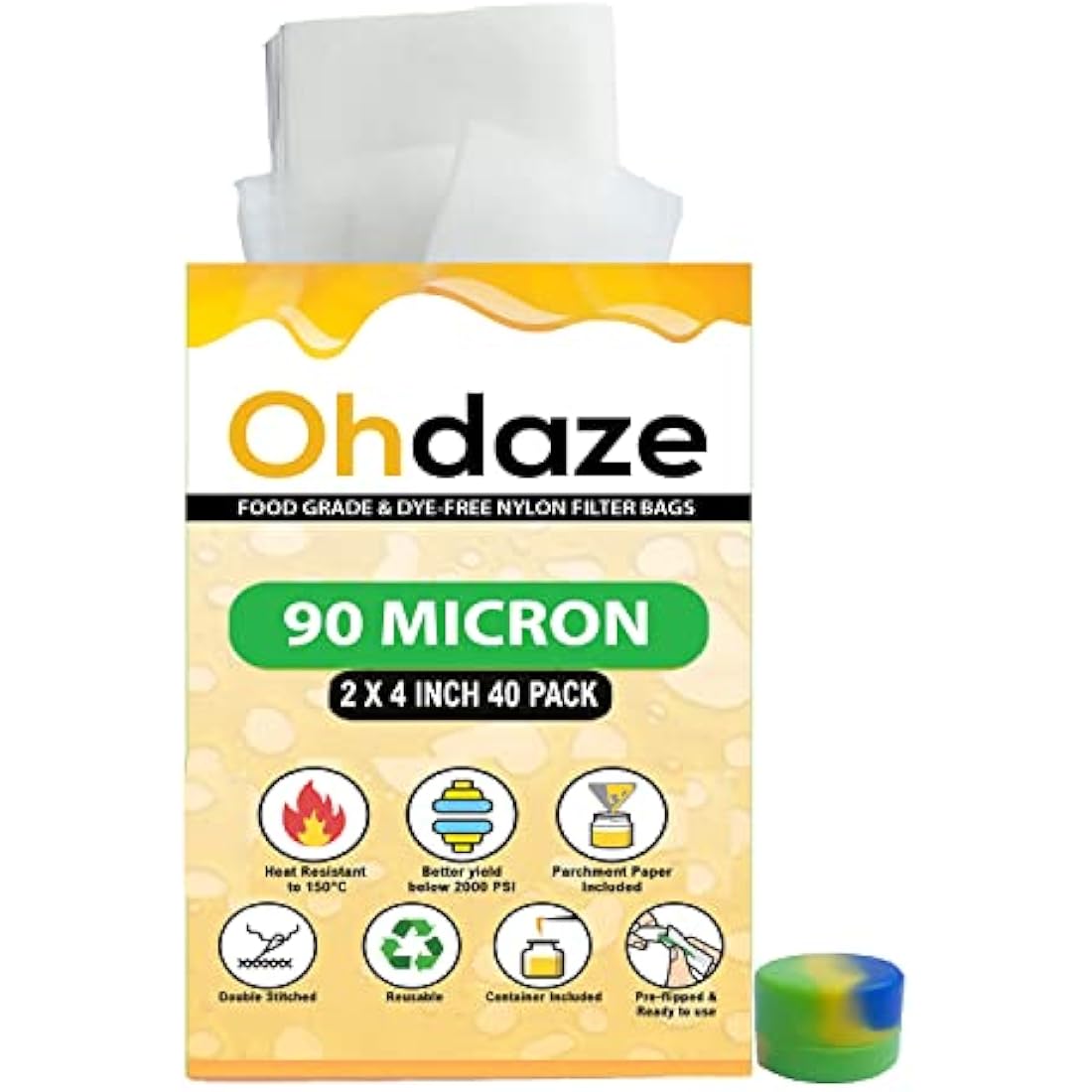 Ohdaze Nylon Filter Bags 2x4 inch | 40 Pack | 90 Micron Press Bags | 3 x Parchment Papers | 1 x Wax Container | Double-Stitch Nylon Micron Press Bags