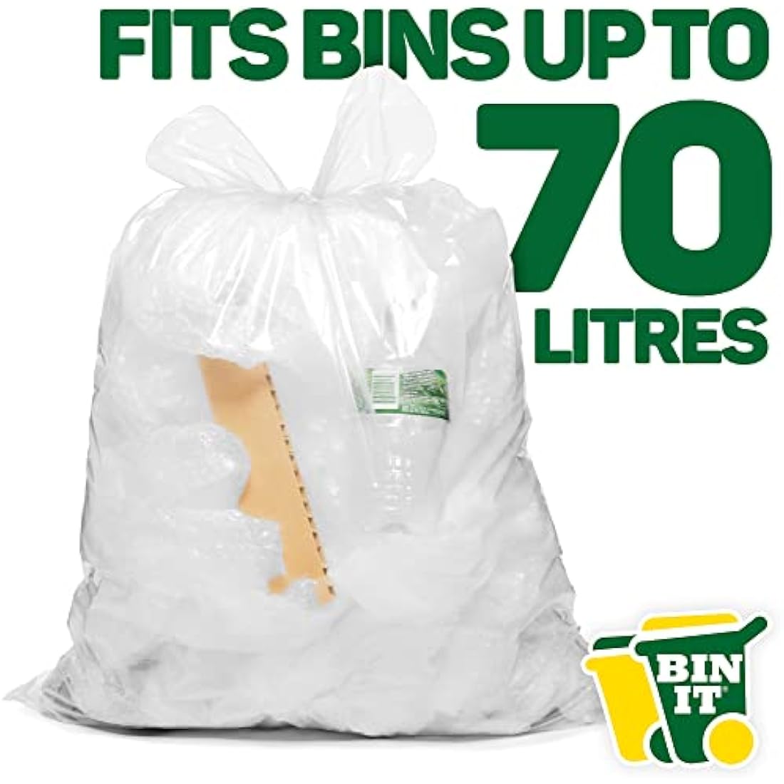 BIN IT 40 Clear Large 70L Strong & Secure, Tie Top, Recycling Sacks, Bin Bags, Bin Liners, Refuse Sacks, Recycled, Tear Resistant, 120 Gauge - 30 μm, Perfect for Everyday Use
