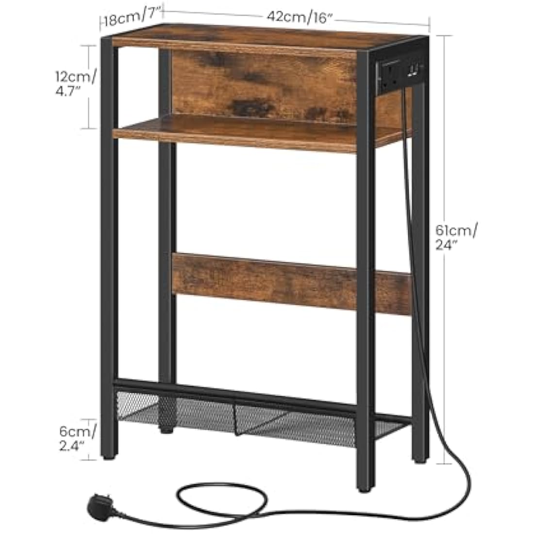 CHOEZON Side Table with Charging Station, Narrow End Table, Slim Nightstand for Small Space, Skinny Beside Table with Storage, for Living Room, Bedroom, Rustic Brown and Black DTBZ05KBF