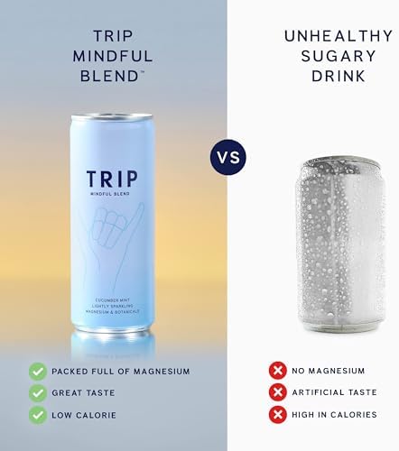 TRIP Mindful Blends - Mixed Pack Sparkling Drink with 1440MG Magnesium + Lion’s Mane + Chamomile + Lemon Balm. Low Calorie and Vegan (Pack of 12 x 250ml)