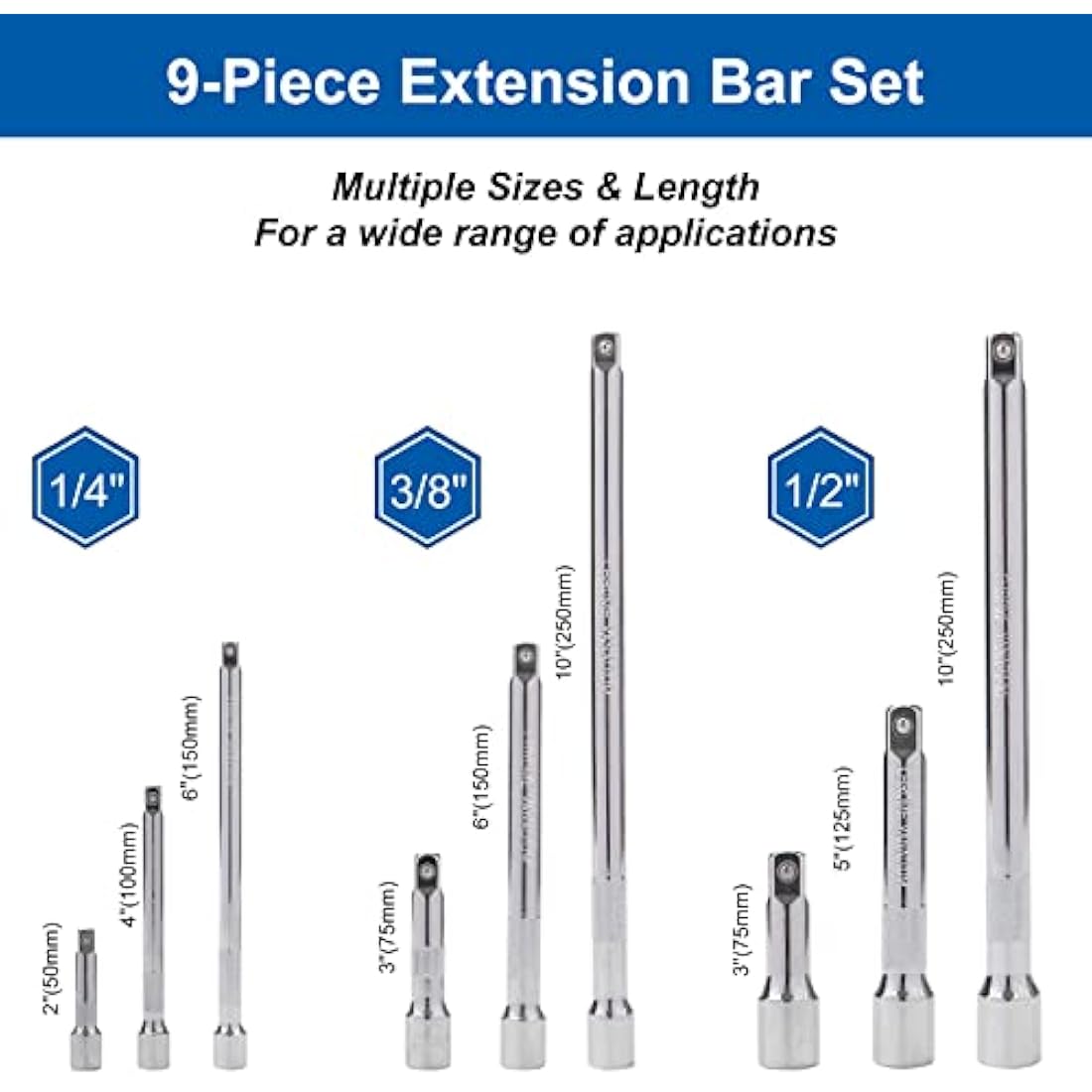 DAKCOS 9 Piece Extension Bar Set, 1/4" 3/8 "1/2" Drive Socket Extension Bar, Extensions Socket Tool, CR-V Steel