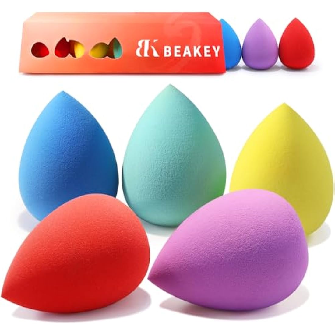 BEAKEY Makeup Sponges 5 Pcs, Non-Latex, Blender Beauty Soft Foundation Sponge, High Density Makeup Sponge for Foundation, Liquid, Creams and Powders (Multi-Color)