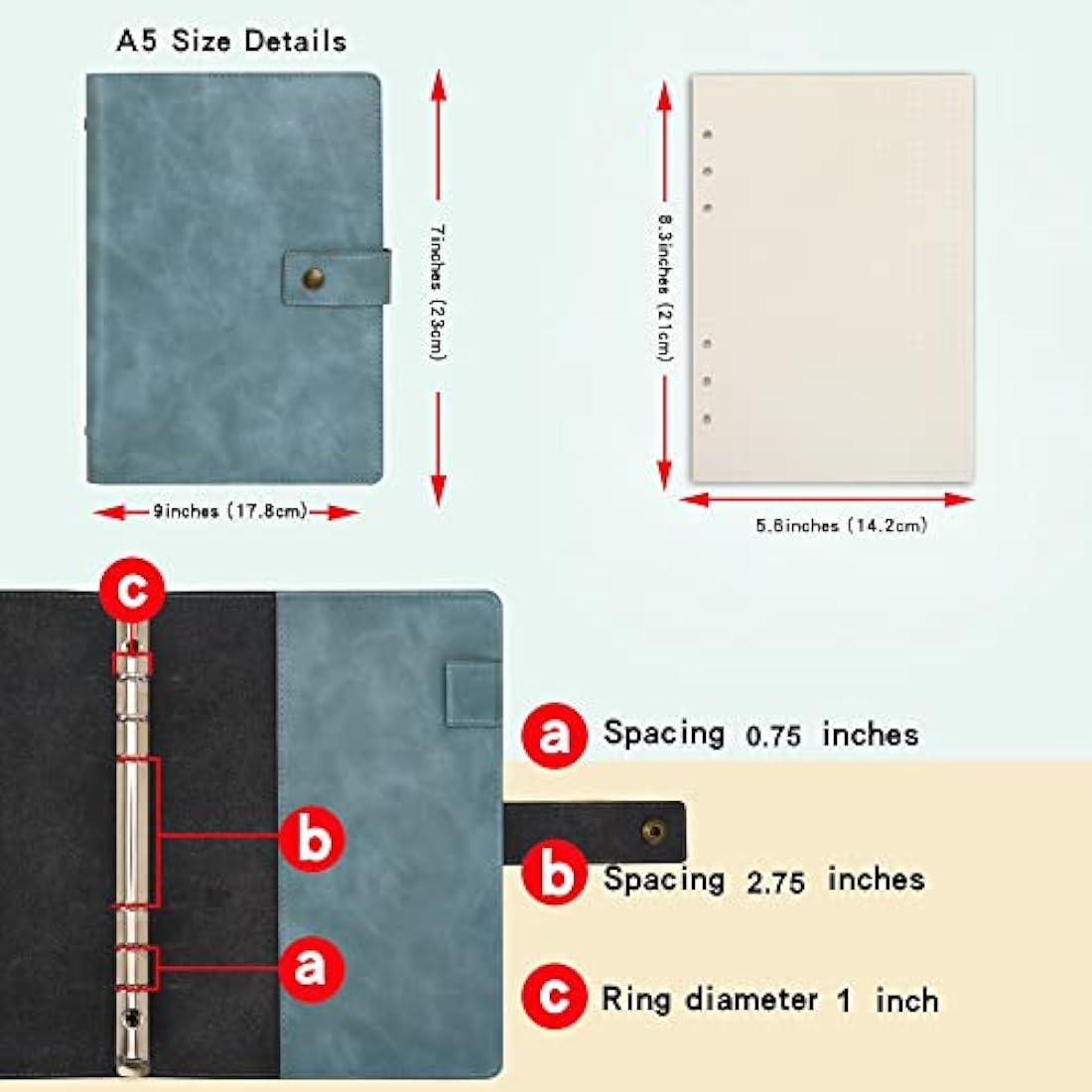 WONDERPOOL Leather Diary Refillable Notebook Spiral Journal Binder Portfolio - A5 Dot Grid Paper & Inner Pockets for Travel Work and Personal Organizer (Lake Blue, A5)