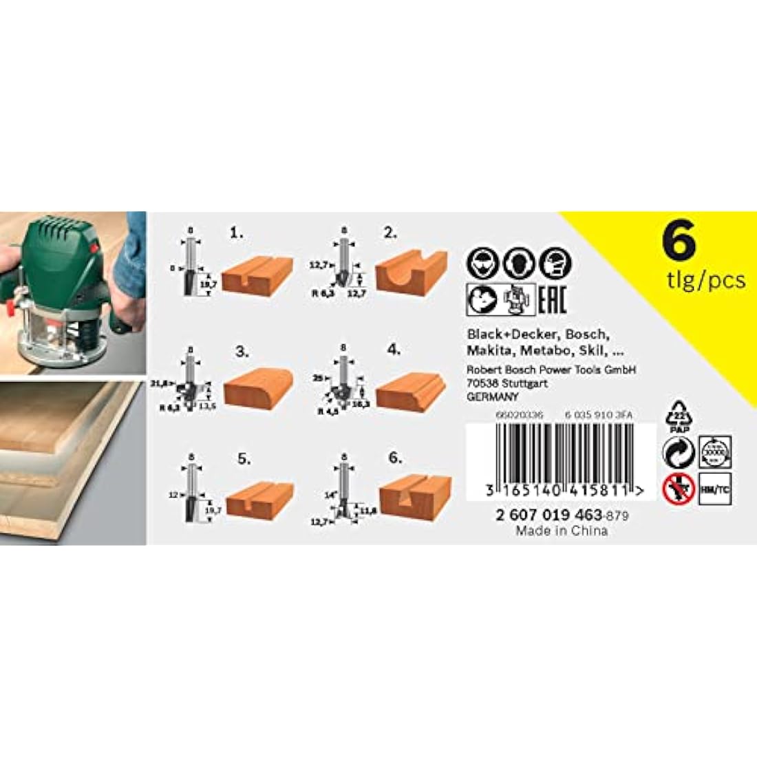 Bosch 6-Piece Tungsten Carbide Router Bit Set (for Wood, Shank Ø 1/4", Accessory Routers)