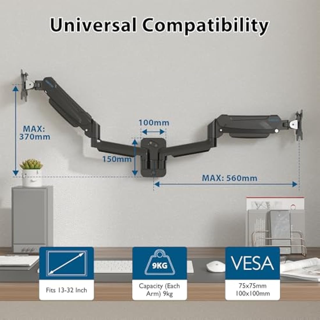 BONTEC Monitor Wall Mount Bracket for 13-32" Screens, Gas Spring Adjustable Monitor Arm, Height Adjustable, Tilt, Swivel & Rotate, VESA 75x75, 100x100mm, Holds up to 9KG, Heavy Duty, Ergonomic Design