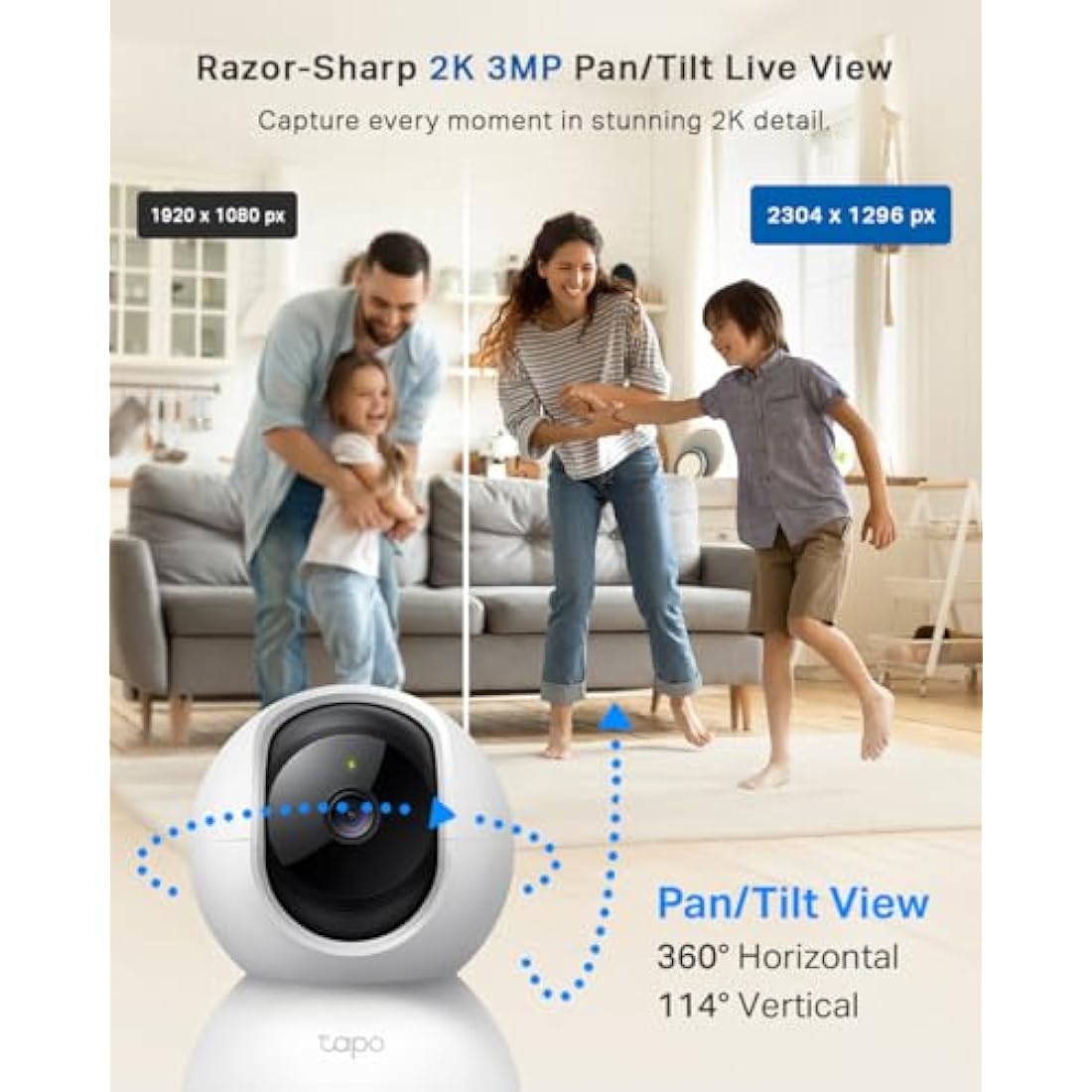 Tapo C210 2K 3MP Pan/Tilt Indoor Camera House Security Camera, WiFi Camera, No Monthly Fee, AI Detection, Dog Puppy Camera, Baby Camera Monitor, 360° View, Night Vision, Works with Alexa & Google
