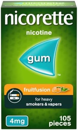 Nicorette Fruitfusion 4mg Gum (105 Pieces), Discreet Stop Smoking and Stop Vaping Aid, Helps Tackle Cravings and Withdrawal Symptoms, Nicotine Gum with Pleasant Fruit Flavour (Quit Smoking or Vaping)