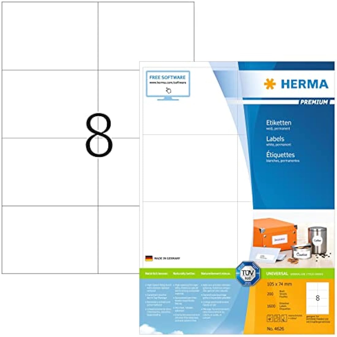 HERMA Self Adhesive Shipping Labels, 8 Labels per A4 Sheet, 200 Sheets, 105 x 74 mm, 1600 Labels, Blank Parcel Labels Stickers, Sticky Labels for Laser & Inkjet Printer, White