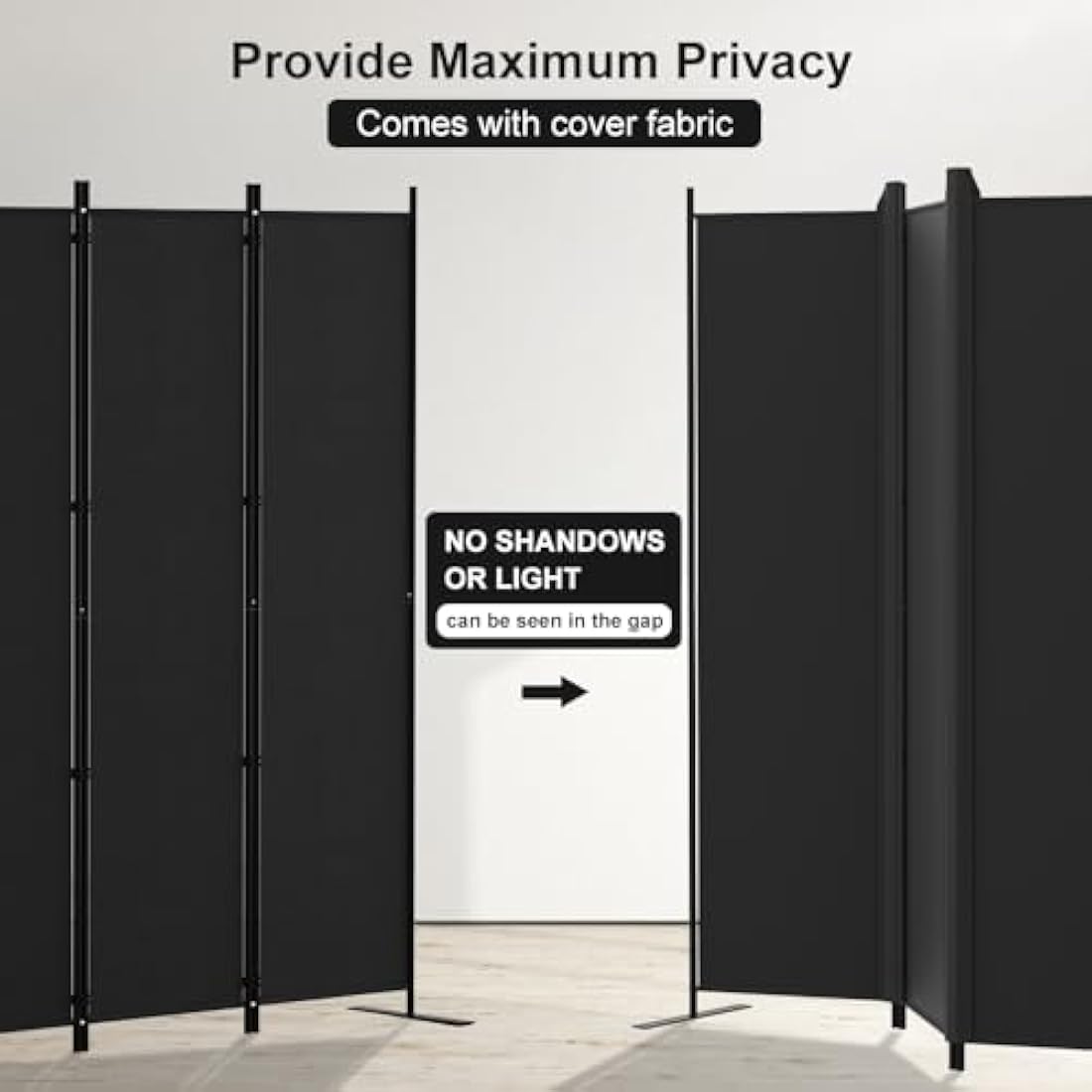 Kokorona 6 Panel Room Divider, 6FT Tall Folding Privacy Screen Wall Dividers, Portable Privacy Screen Freestanding Room Divider for Room Separation, Included-Cover Strips, Black, W 305 x H 183 cm