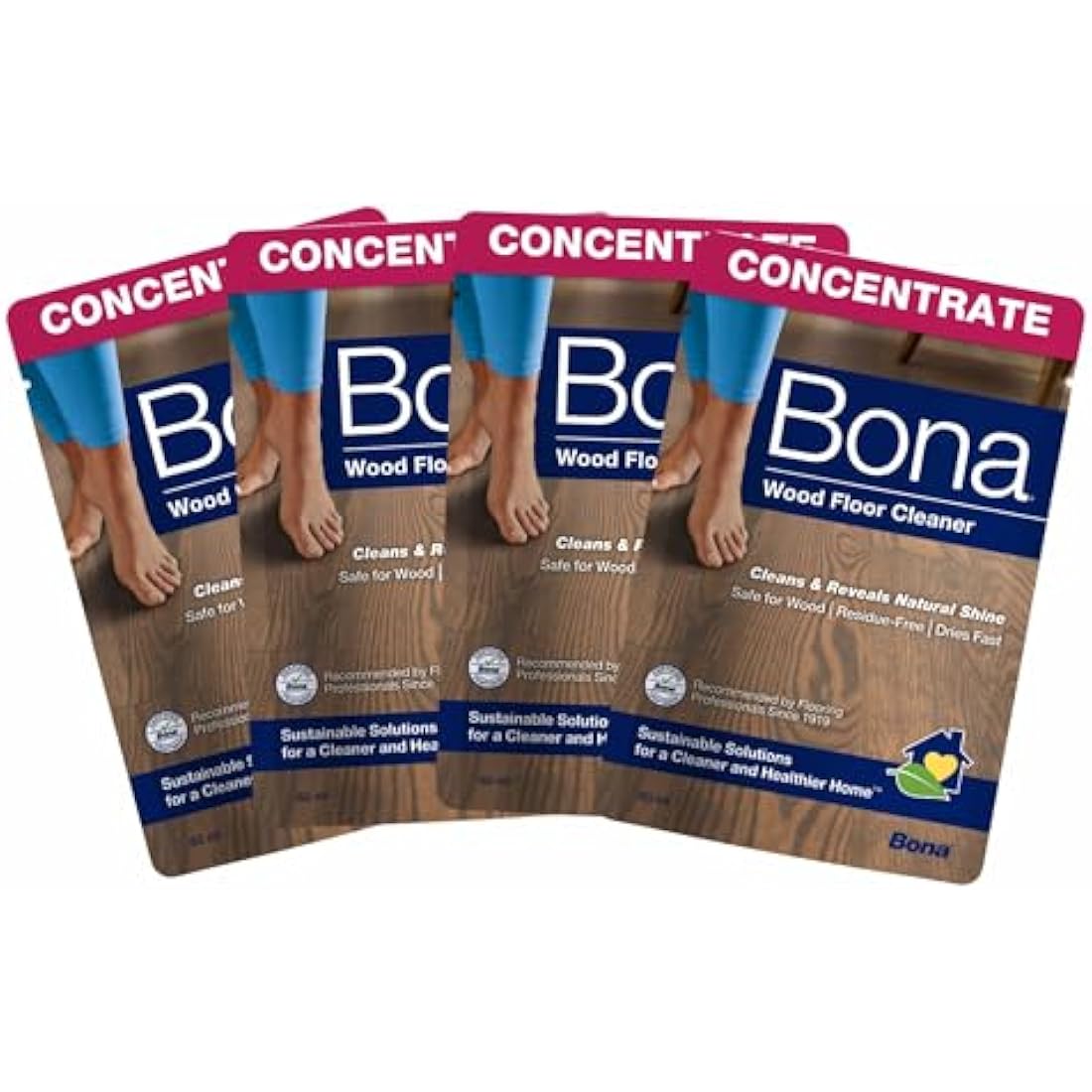 Bona Wood Floor Cleaner Liquid, 60ml Concentrate Refill Pouch, for Varnished or Hard-Waxed Wood Floors, Pack of 4x60ml, 4 Litre Refill