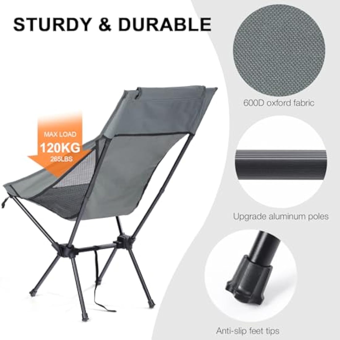 Outplea Lightweight Camping Chair Comfy High Back, Portable Compact Travel Chair for Hiking Picnic Fishing Backpacking, Grey