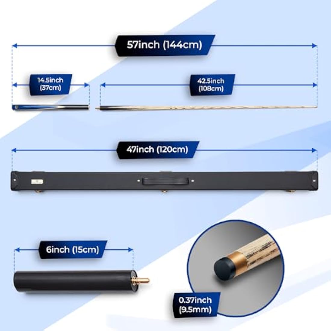Cue-King Pro Series 001 Snooker Cue, Pool Cue, Handmade 57" 19oz 3/4 Jointed with Case Blue Cue with Protective Hardcase, Extension and Microfibre Cue Towel, Snooker Cues, Pool Cues, Snooker Cue Case