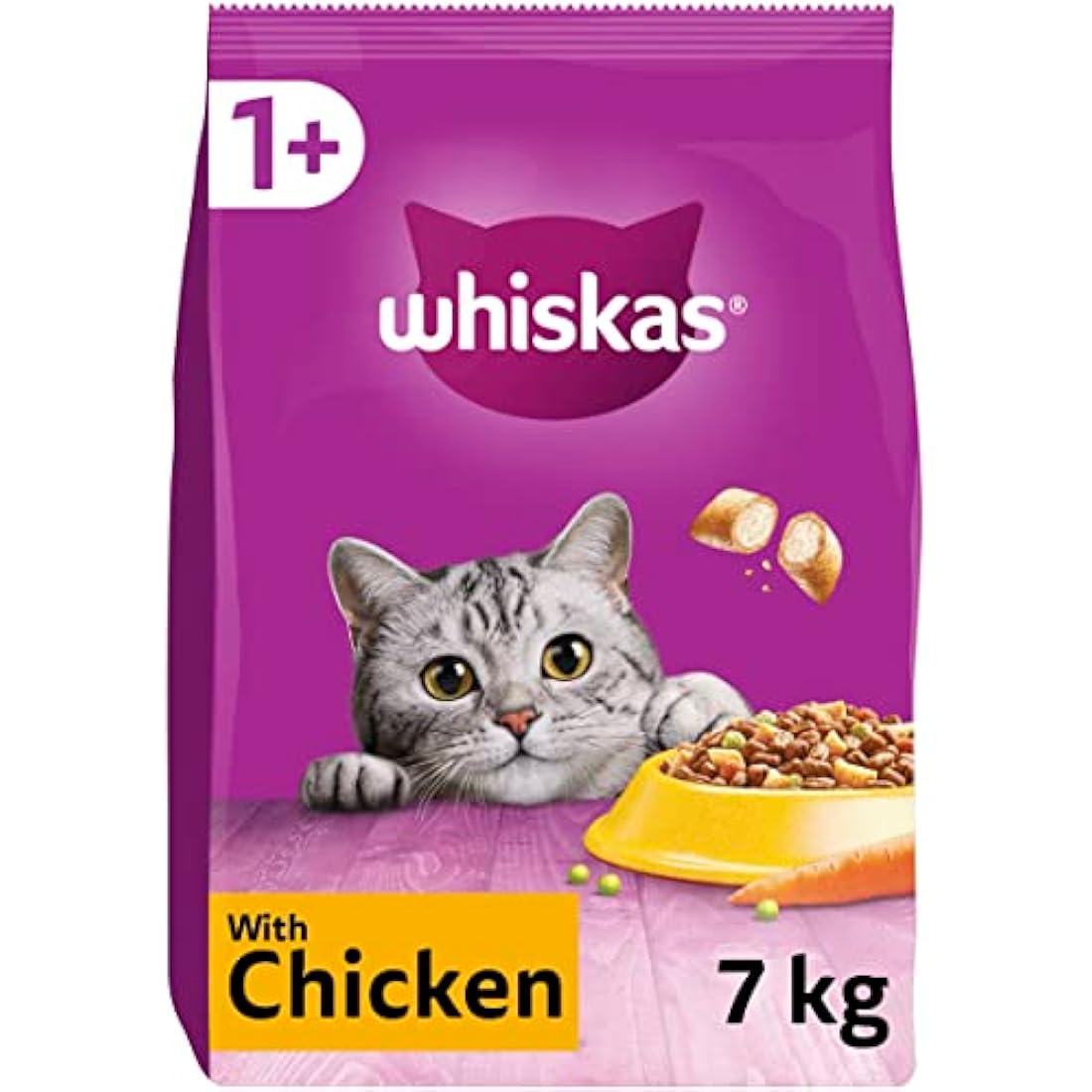 WHISKAS - 1+ Adult Dry Cat Food - 7kg - Biscuits Made with Chicken - Bulk Cat Food Bag